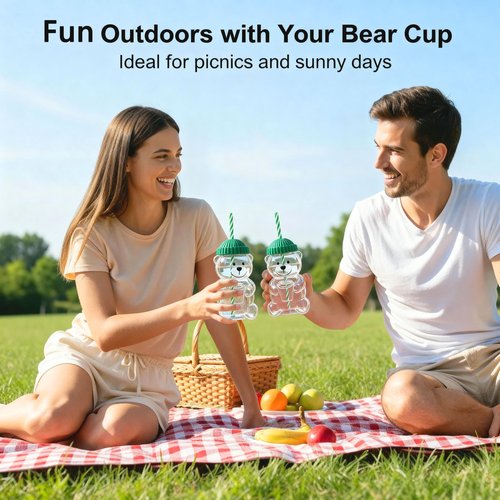 gaulofo 20oz Bear-Shaped Glass Cup, Cute Reusable Glass Tumbler with Lid and Straw for Coffee, Milk Tea, Birthday & Holiday Gift (Green)