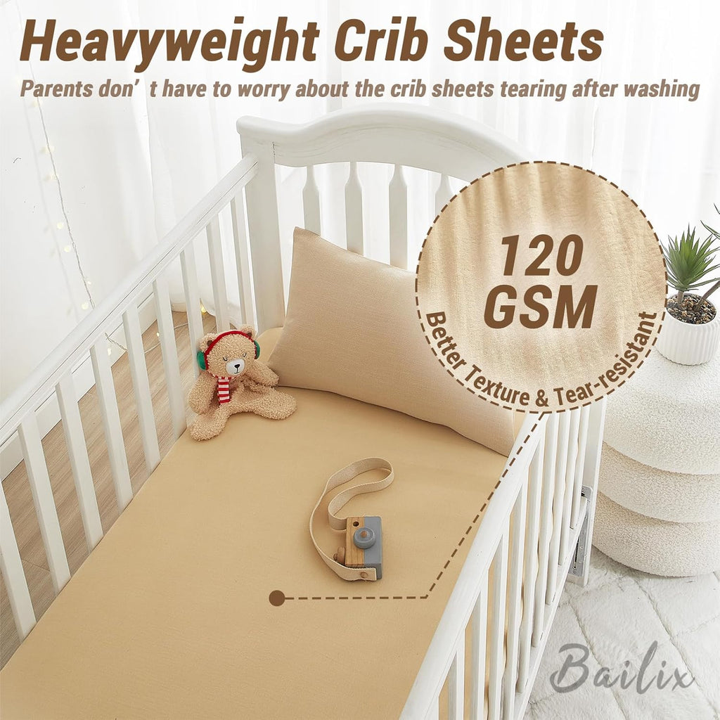 Bailix Heavyweight Muslin Baby Crib Sheets - 2PCS Neutral Fitted Sheets | Soft 100% Organic Cotton (Cream, Coffee)