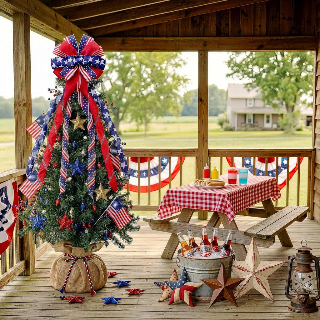 Patriotic 4th of July Tree Topper Bow by [Brand Name] - Large 52x13 Inch Pre-Tied Ribbon for Wreaths & Decor | Red, Blue, White