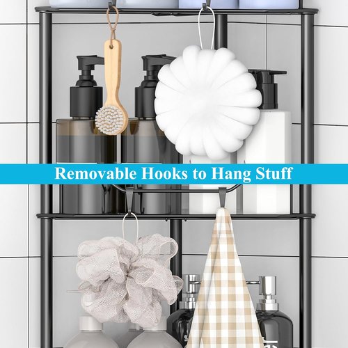 HuggieGems Corner Shower Caddy Organizer - 4 Tier Floor Standing Shelf with Hooks, Black