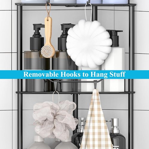 HuggieGems Corner Shower Caddy Organizer - 2 Tier Floor Standing Shelf with Hooks, Matte Black Finish