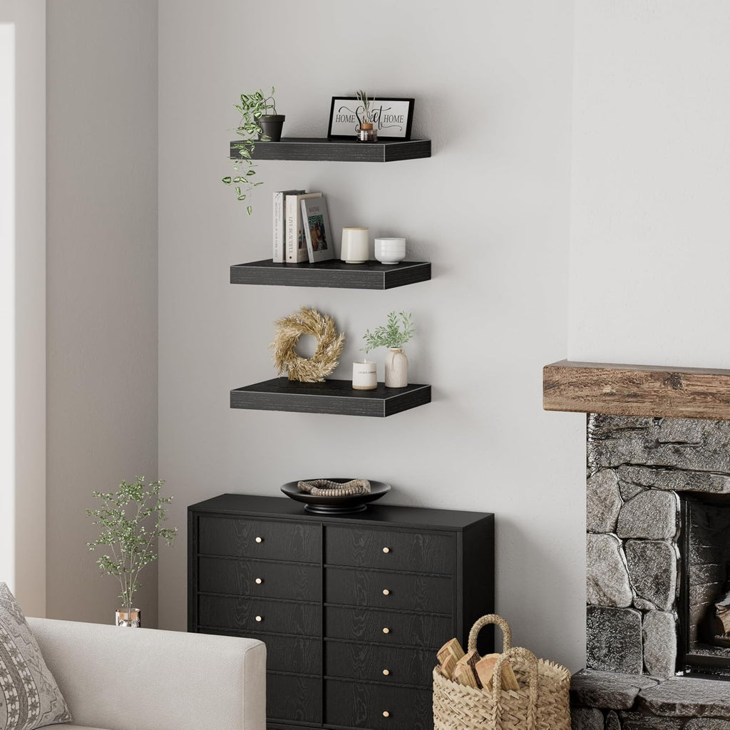 QEEIG 10" Deep Floating Shelves - Set of 3 Black Wall-Mounted Bookshelves for Bathroom, Bedroom, Kitchen & Living Room