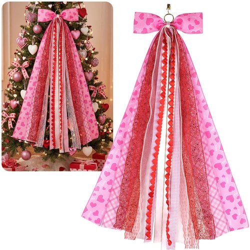 NUVCELKA Valentine's Day Wreath Sash for Door, Large Bow Decoration with Metal Clip, 9 Ribbon Swag for Wreath, Front Entry, Fireplace, Fence - Pink Red Love Heart Bow Valentine Decor