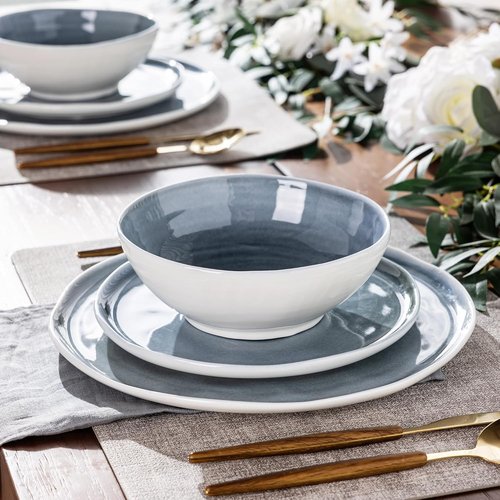 LERATIO Ceramic Dinnerware Sets for 4,Porcelain Plates and Bowls Sets with Wavy Edge,Microwave & Dishwasher & Oven Safe,Light Weight & Scratch Resistant Dishes Sets-Service for 4-Jean blue (12pcs)