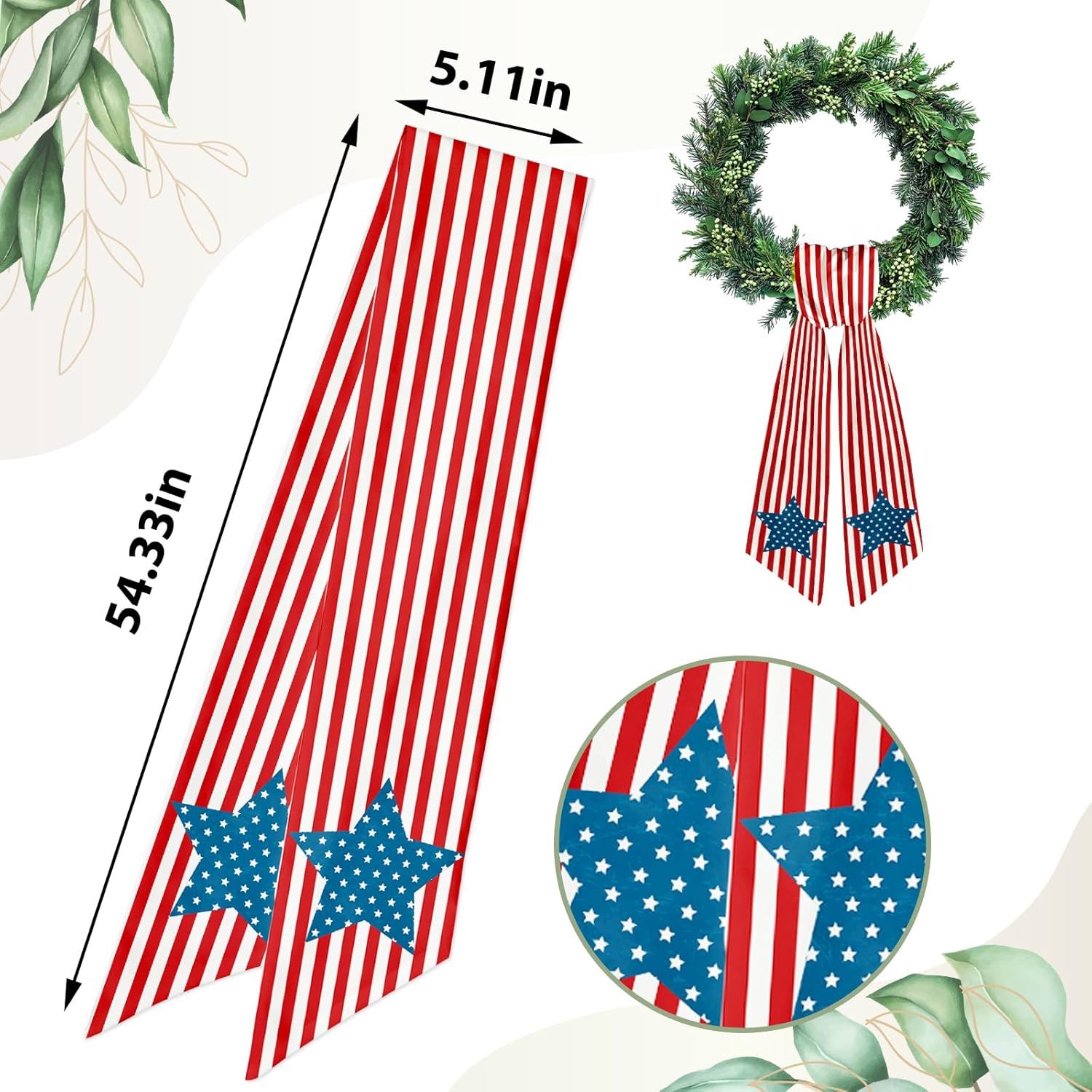 Patriotic Wreath Sash - Red White Stripe Star Design | Burlap Garland Ribbon for 4th of July Decor, 5.1 x 54.3"