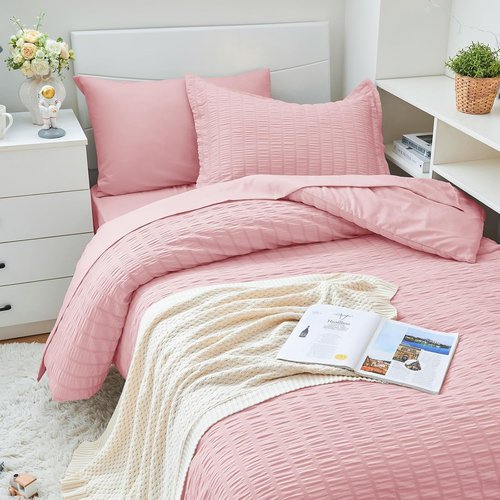 HYMOKEGE Twin XL Comforter Set - 5-Piece Seersucker Luxury Bedding Set in Pink for All Seasons