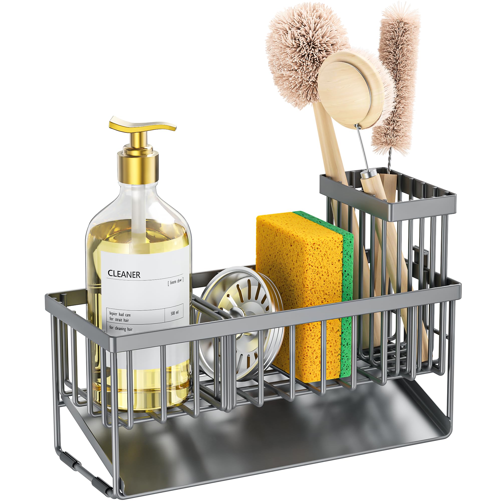 Cisily Sink Caddy Organzier with High Brush Holder, Sponge Holder for Sink, 304 Rustproof Stainless, Kitchen Countertop Soap Dispenser Organizer, Dark Gray Kitchen Decor and Accessories