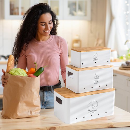 Tenforie Potato Onion and Garlic Storage Bin Set of 3, White Metal Kitchen Vegetable Canisters with Bamboo Lid and Aerating Holes, Stackable Kitchen Storage Tin for Countertop Pantry