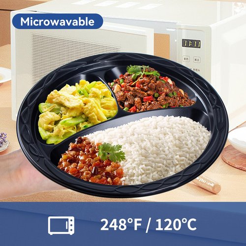 EKOSAVOR Plastic Plates 10" 150 Pack - Shrink Wrapped BPA Free Mineral Filled PP | Microwave & Dishwasher Safe | Heavy Duty Non permeable Party Plate | Black Commercial 3 Compartment Disposable Trays