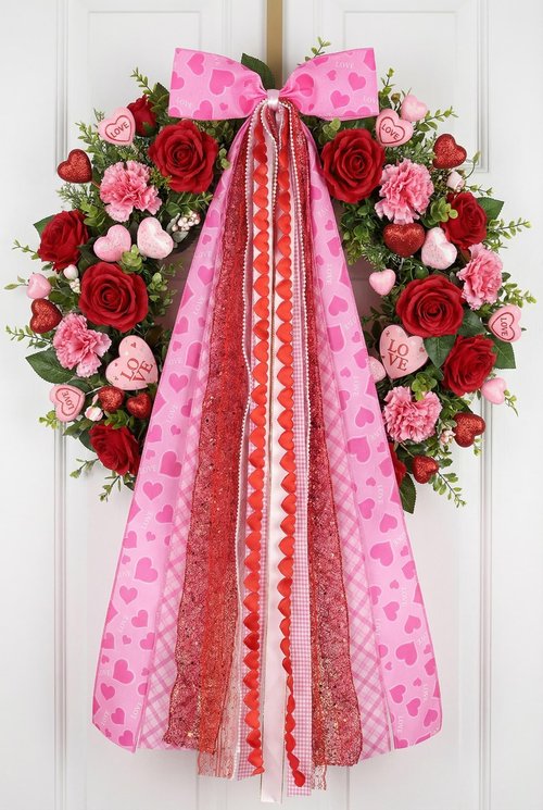 NUVCELKA Valentine's Day Wreath Sash for Door, Large Bow Decoration with Metal Clip, 9 Ribbon Swag for Wreath, Front Entry, Fireplace, Fence - Pink Red Love Heart Bow Valentine Decor