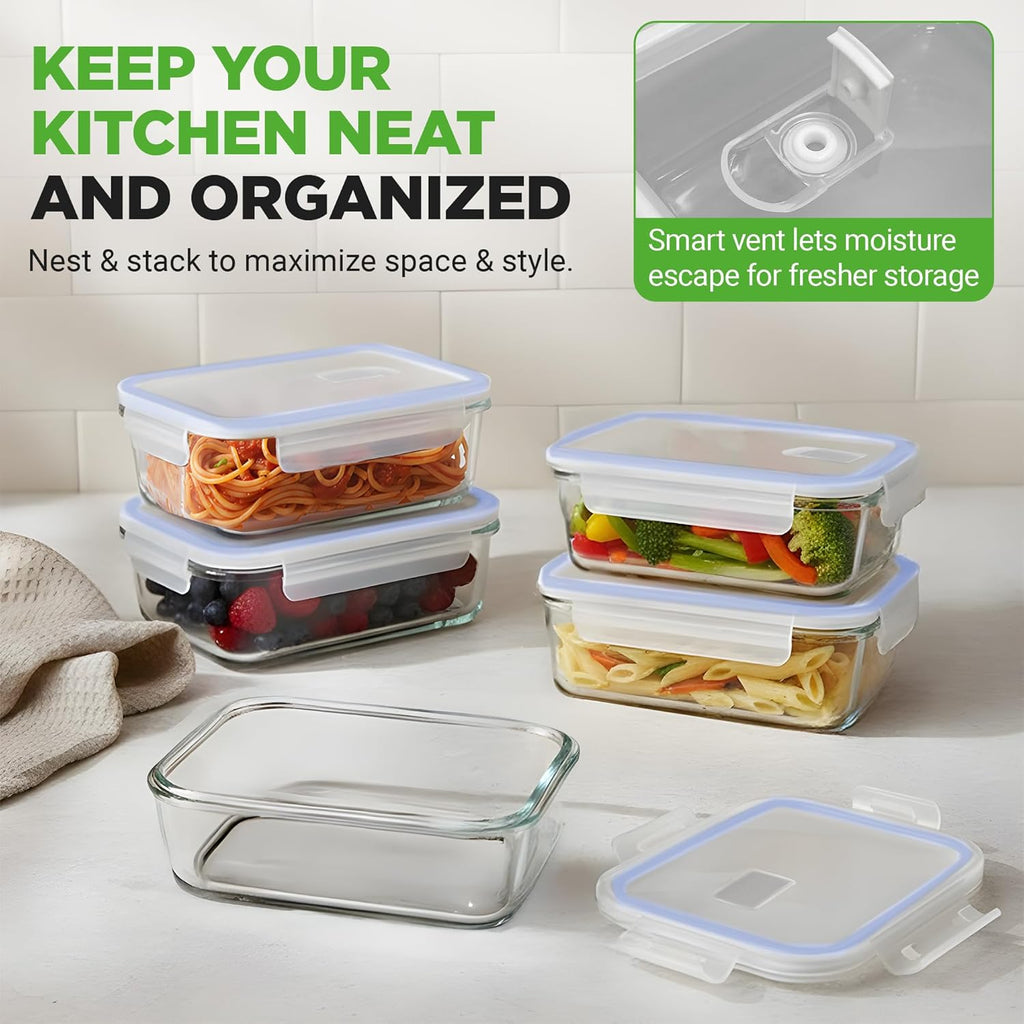 NutriChef 10-Piece Glass Food Storage Containers - Airtight 30 oz Meal Prep Set | Freezer to Oven Safe - Blue