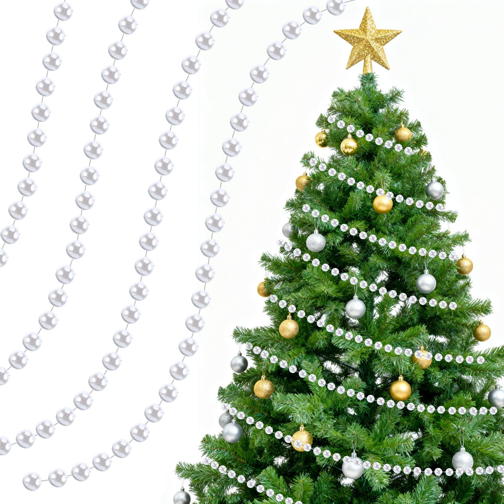 0.4" Christmas Tree Garland Beads, 50ft White Artificial Pearls Beaded Garland for Xmas Tree, Christmas Decorations for Indoor Outdoor Home Party