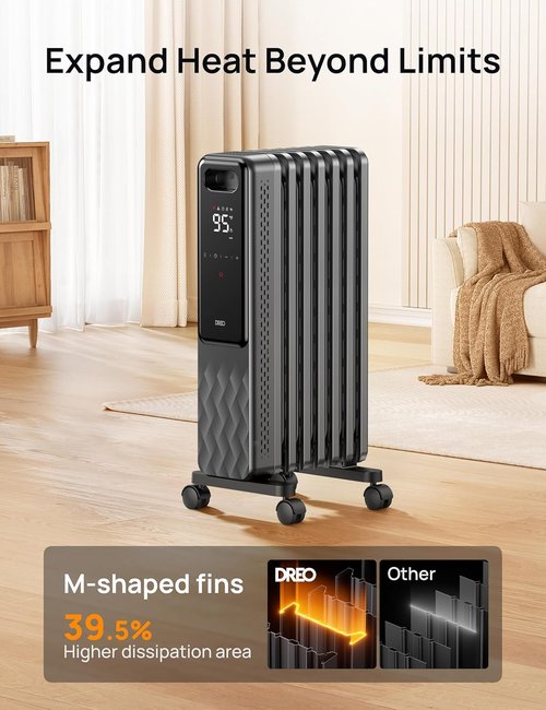 DREO Electric Radiant Heater - 1500W Oil Filled Radiator with Remote Control & 24h Timer | Quiet & Safe for Large Rooms