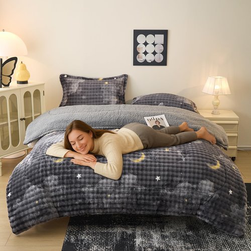 PAJEO Flannel Sherpa Comforter Set Full Size, Soft Warm Reversible Plush Bedding Comforter with 2 Pillow Shams, Cozy Fluffy Blanket for Winter, All Season Bedroom Bedding Set