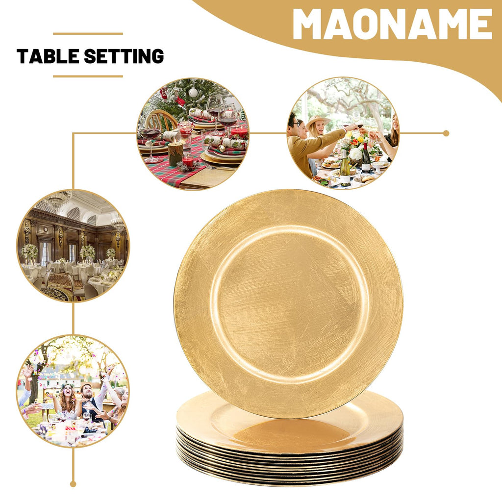MAONAME Foil Gold Charger Plates Set of 12, 13" Plate Chargers for Dinner Plate, Plastic Round Chargers for Table Setting, Wedding Bulk