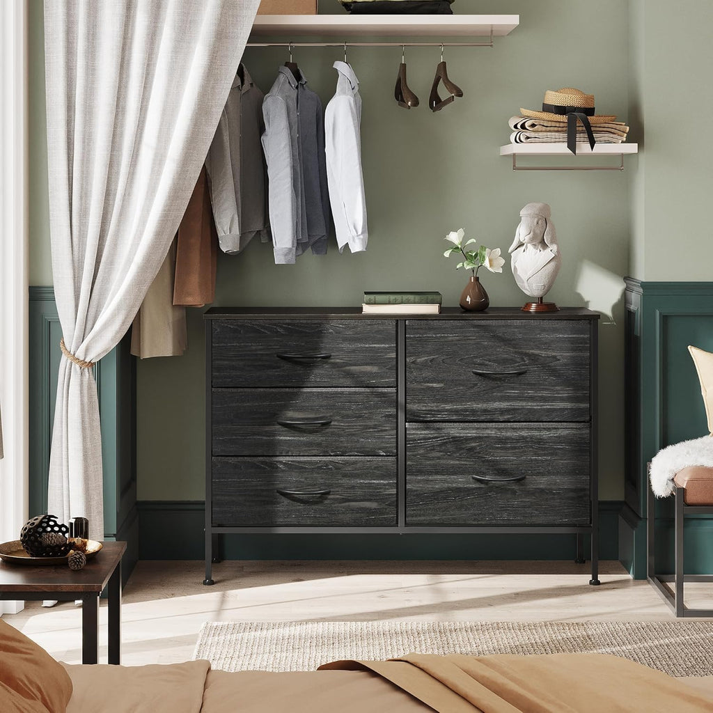 WLIVE Dresser - 5 Drawer Chest for Bedroom | Stylish Fabric Organizer in Charcoal Black Wood Grain