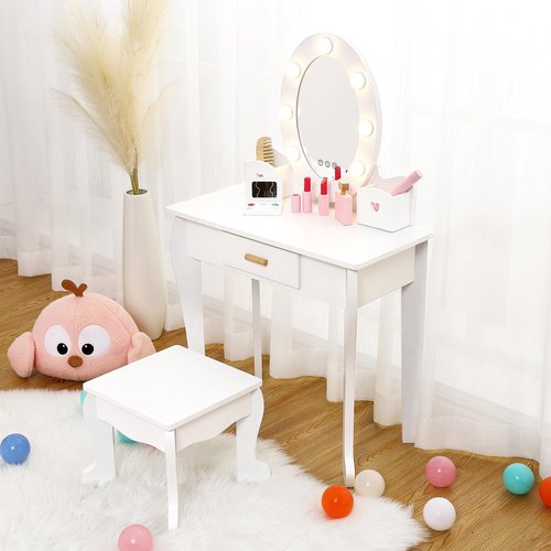 Kids Vanity Set, Pretend Play Girls Vanity Table and Chair Set with Lighted Mirror, Stool, and Wood Makeup Playset, White