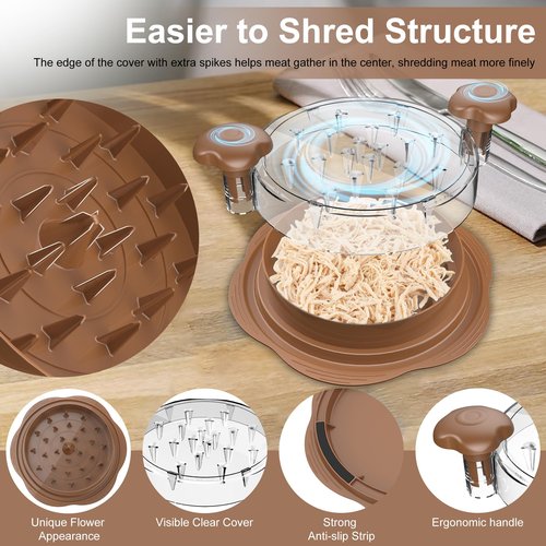 Chicken Shredder Large Chicken Breast Shredder Tool Twist with Brush&Fork, Visible Meat Shredder Machine, Anti-Slip Strip, Ergonomic Handle, BPA Free, Suitable for Pork Beef Chicken(Brown)