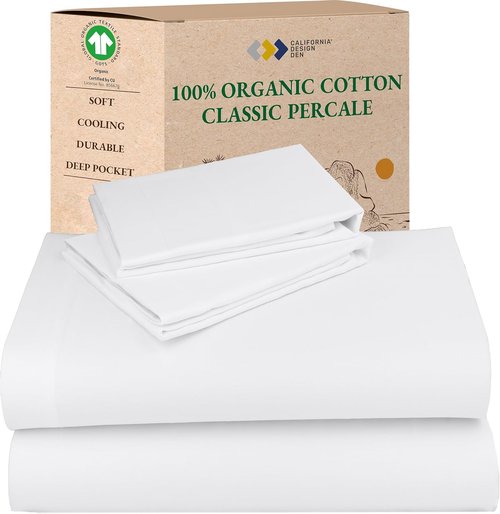 California Design Den King Size Sheets Set - Soft 100% Organic Cotton Percale Bedding | Breathable & Durable - White