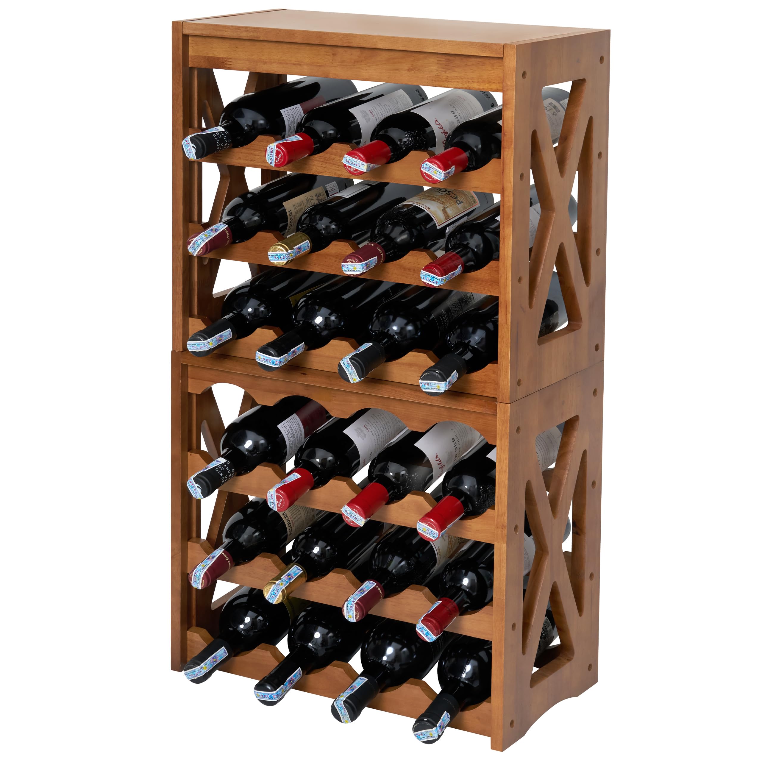 Wine Rack, Wine Racks Free Standing Floor, Wine Racks Countertop Display Rack with Table Top, Wine Glass Holder for 8 -12 Wine Glasses, Wine Bottle Holder for Kitchen Dining Room Bar (28 bottles)