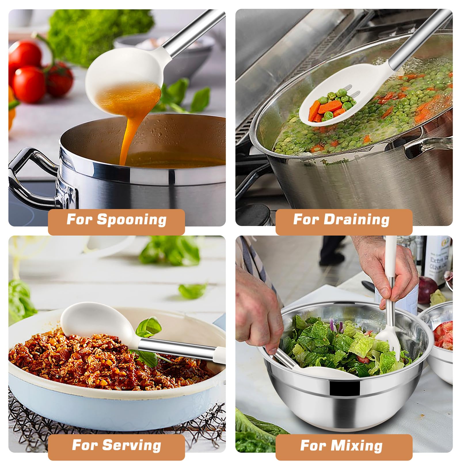 TeamFar Kitchen Utensils, 4 PCS Silicone Cooking Utensils with Stainless Steel Handle, for Nonstick Cookware Frying/Flipping/Draining, Non-toxic & Heat-proof, Non-scratch & Dishwasher Safe