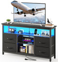 Haewon Black TV Stand with LED Lights and Power Outlets, Entertainment Center for 55 inch TV, Media Console Table with 4 Fabric Drawers and Open Shelf for Living Room, Wood Top and Metal Frame