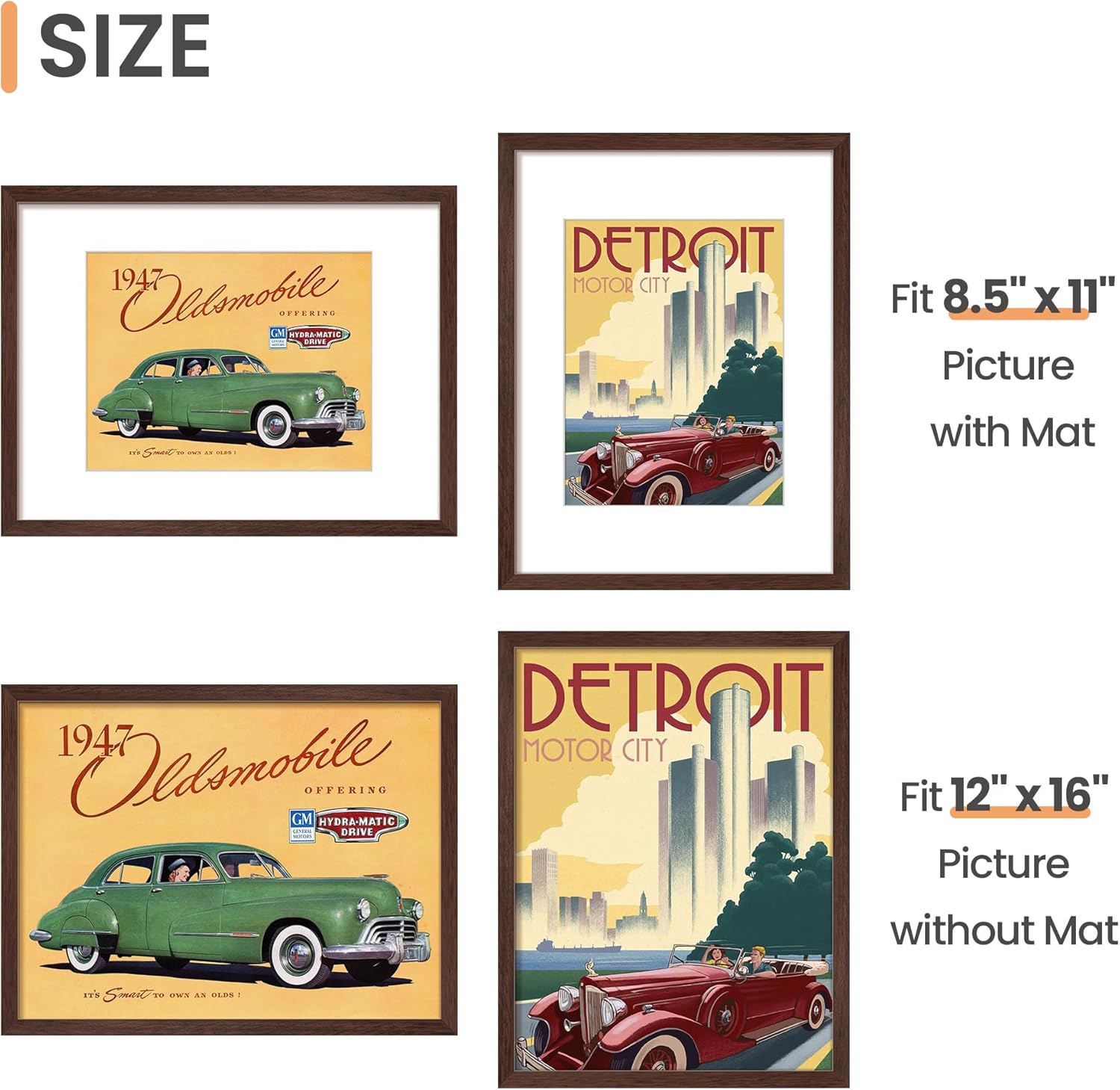 Upsimples 12x16 Picture Frame Set of 5 - Stylish Wall Gallery Frames for 8.5x11 or 12x16 Photos - Brown