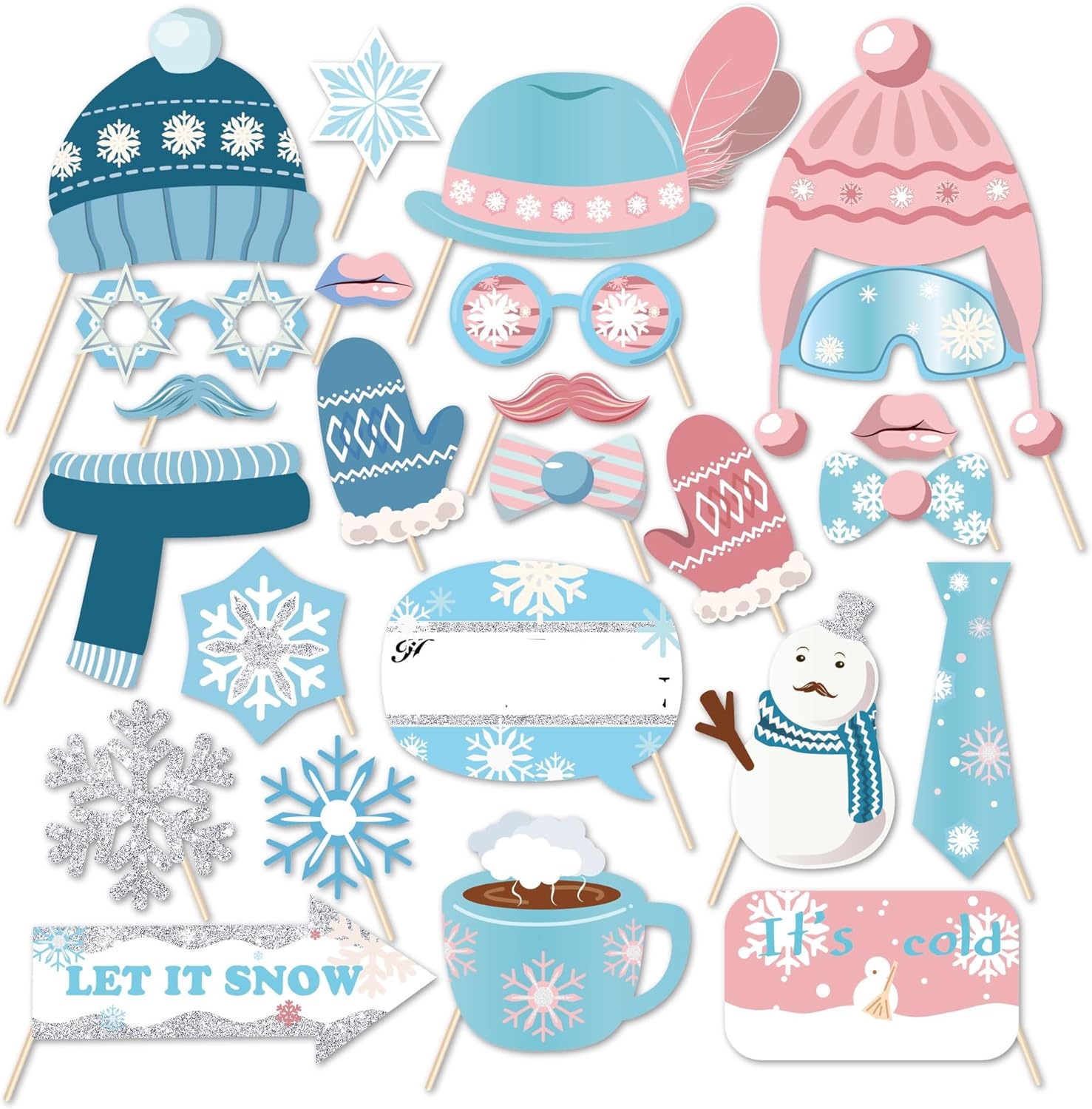 Snowman Photo Booth Props - Winter Wonderland Theme | 25 Count Snowflake Decorations