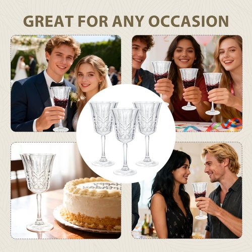 LEYIQU Plastic Wine Glasses 10oz Vintage Goblets Unbreakable Reusable BPA-Free Stemmed Drinking Glasses for Easter Parties, Weddings & Events Leaf-Patterned (Set of 24, Clear)
