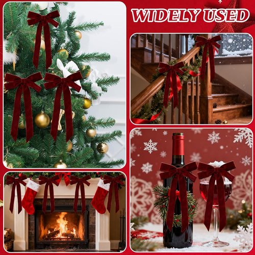 Burgundy Velvet Ribbon Bows by [Brand Name] - 8 Pcs 5in x 10in Ornaments for Christmas Tree & Gift Wrapping