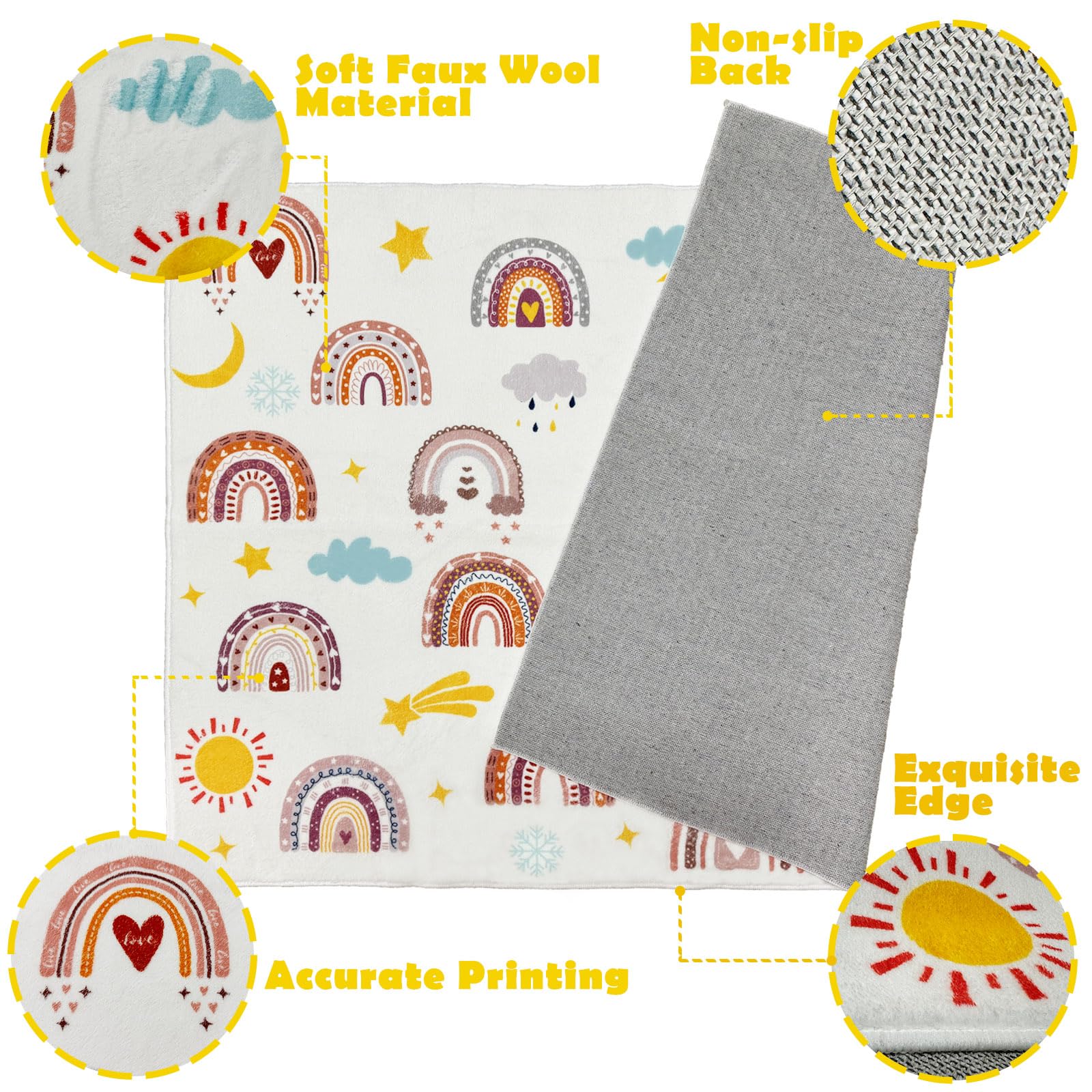 Mishareal Boho Rainbow Soft Kids Play Rug, Washable Foldable Baby Crawling Floor Mat, Non Slip Nursery Area Rug for Children Living Room Playroom Classroom Bathroom Bedroom Kids Room Decor