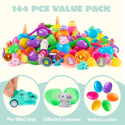 JOYIN 144 PCS Prefilled Easter Eggs with Assorted Toys for Easter Egg Hunt, Party Favors, Basket Stuffers, Classroom Prize Supplies