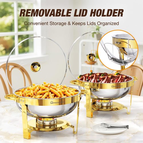 WARMOUNTS Gold Chafing Dishes for Buffet 4 Pack, 5QT Stainless Steel Round Chafers and Buffet Warmers Sets with Glass Lid & Lid Holder, Stackable Design, for Catering Events, Parties, Weddings