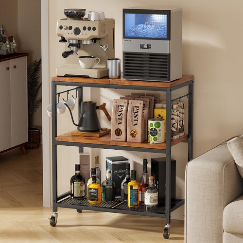 NEHAJUNXI 3 Tier Rolling Kitchen Microwave Cart with 6 Hooks, Utility Cart Storage Table Stand on Lockable Wheels, Small Coffee Shelf Rack Organizer,Brown