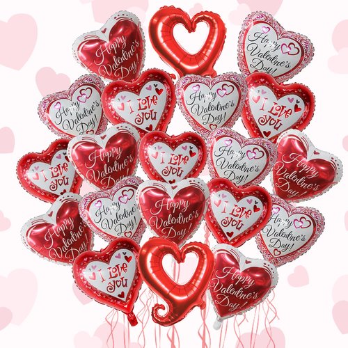 Happy Valentine's Day Balloons 20pcs Red Heart Balloons Set I Love You Balloon 18 Inch Love Balloon White and Red Heart Shaped Foil Balloon for Valentine's Day Decoration Romantic Proposal