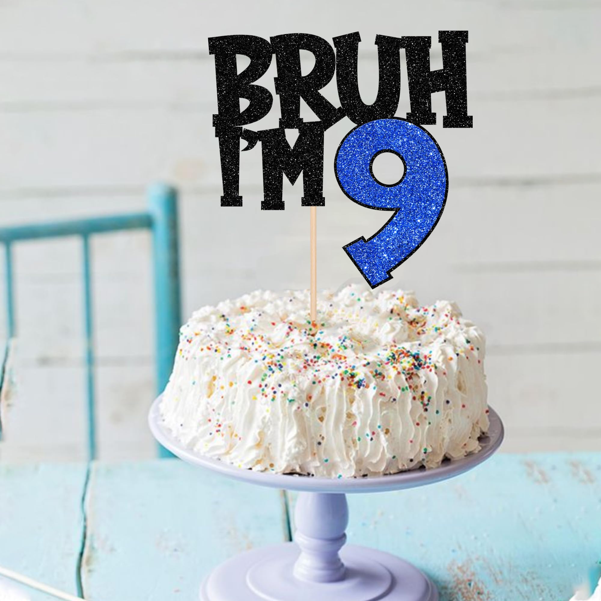 1 PCS Bruh I'm 9 Cake Topper Glitter Happy 9th Birthday Cake Pick Bro I'm 9 Cake Decoration It's My 9th Birthday Decorations for Cheers to 9 Years Old Birthday Anniversary Party Supplies Blue