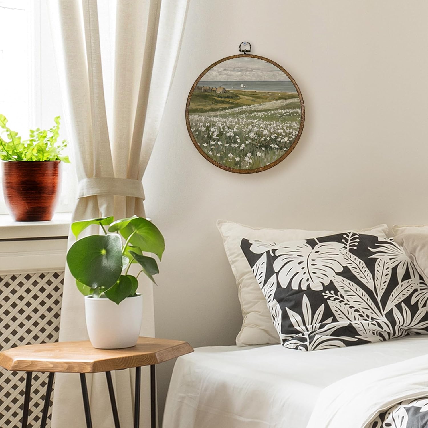 Qskjre Vintage Floral Meadow Wall Art - Coastal Round Wood Framed Canvas Decor | 10x10 Inch Farmhouse Print