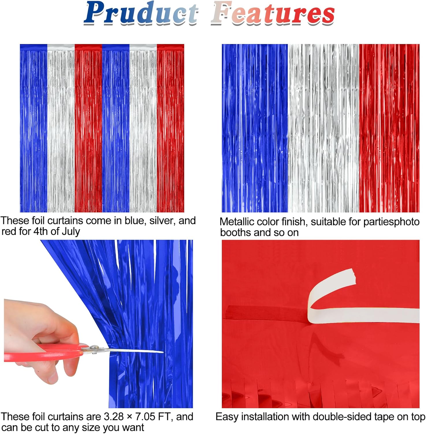 Patriotic Tinsel Backdrop by [Brand Name] - 12 Pack Metallic Blue, Silver & Red Fringe Curtains | 3.28 FT x 7.05 FT Independence Day Party Decor