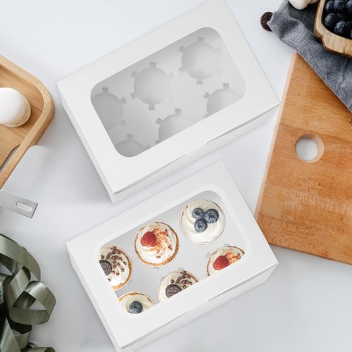 KGVZPT White Cupcake Boxes Holds 6 Standard Cupcake Container,50 Packs,Pastry and Bakery,9.4x6.1x3.14Inches Cookie Boxes with Window and Six Treat Holder for Birthday Holiday Party Bakery