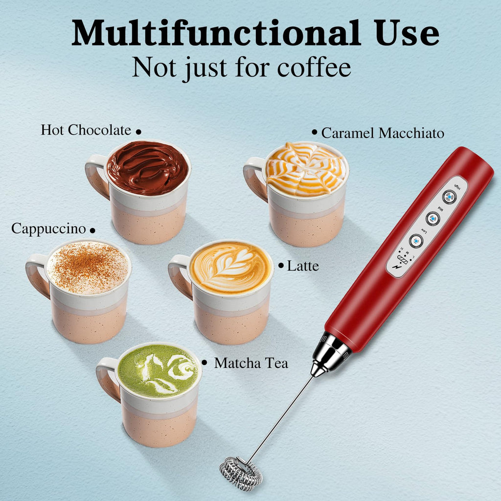 Milk Frother Handheld with Stand, Electric Whisk 3 Speed Adjustable, Drink Mixer with Stainless 3 Whisk, Rechargeable Hand Frother Wand, Foam Maker for Latte Cappuccino Hot Chocolate Egg Red