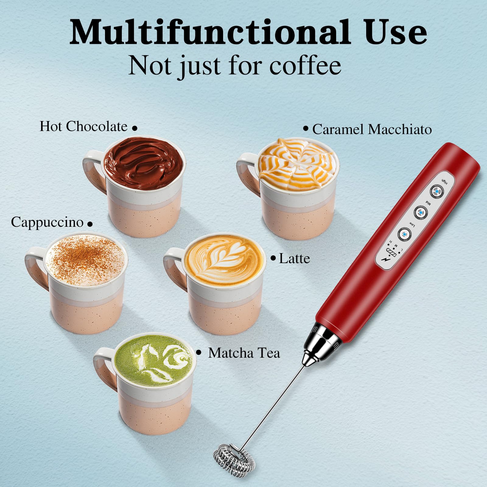 Milk Frother Handheld with Stand, Electric Whisk 3 Speed Adjustable, Drink Mixer with Stainless 3 Whisk, Rechargeable Hand Frother Wand, Foam Maker for Latte Cappuccino Hot Chocolate Egg Red