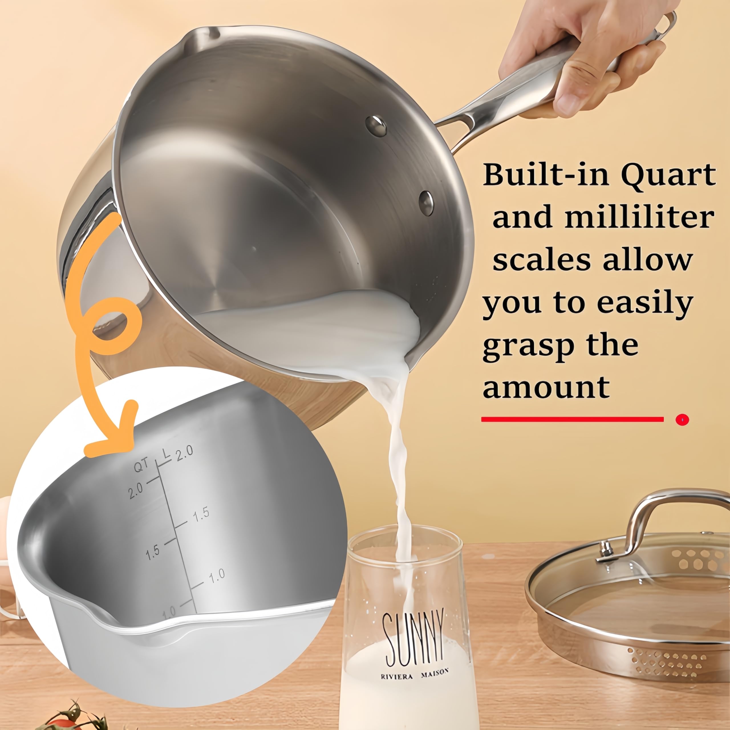 KANGXW 2.0 Quart Stainless Steel Saucepan With steamer,With Pour Spout and Filter Glass Lid Milk Pan, Sauce, Gravy, Pasta Stock Pot For All Stovetops