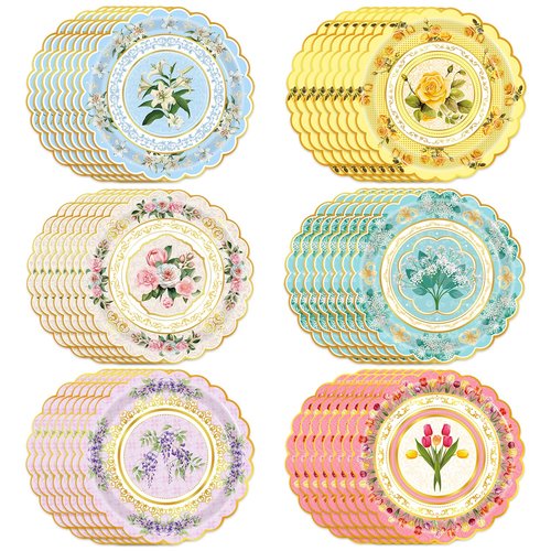 Oevbexos 48-Pack Floral Paper Plates, Tea Party Decorations, 9 Inch Disposable Floral Plates for Tea Party, Baby Shower, Bridal Shower, Birthday, Wedding and Any Celebration