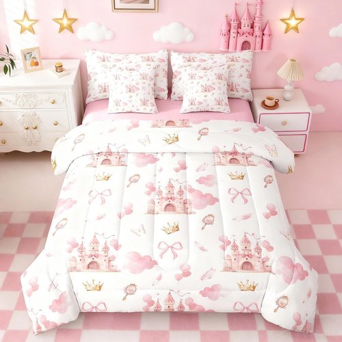 Feelyou Kids Pink Castle Bed in A Bag Queen Size, Cute Bowknot Comforter Set with Sheets Boys Girls Girls Dreamy House Bed in A Bag 7 Pieces Fairytale Teens Bedroom Decor 7Pcs