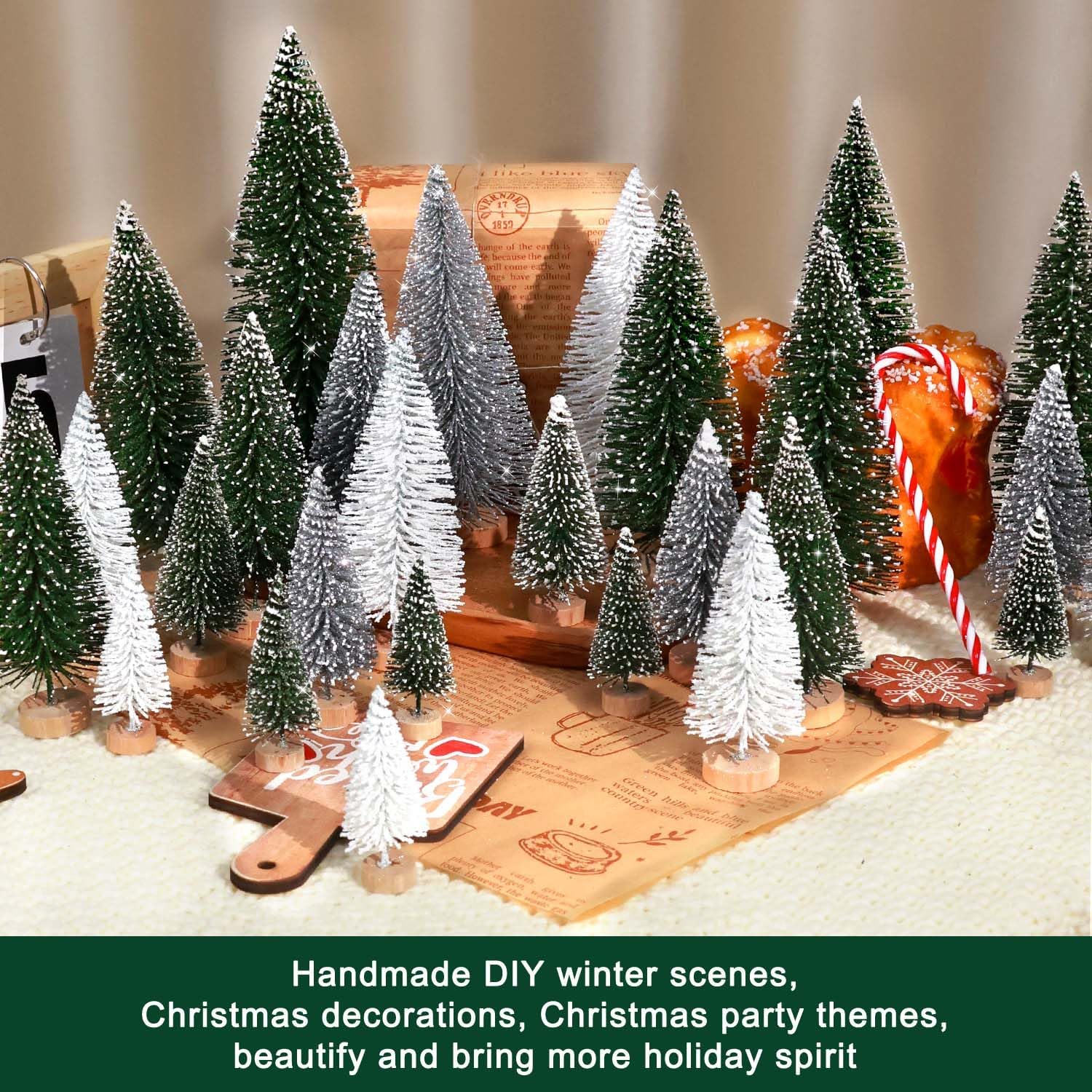 Skiennix Mini Christmas Trees - 30Pcs Artificial Bottle Brush Trees with Wooden Base for Festive Decor | Green, Silver, White