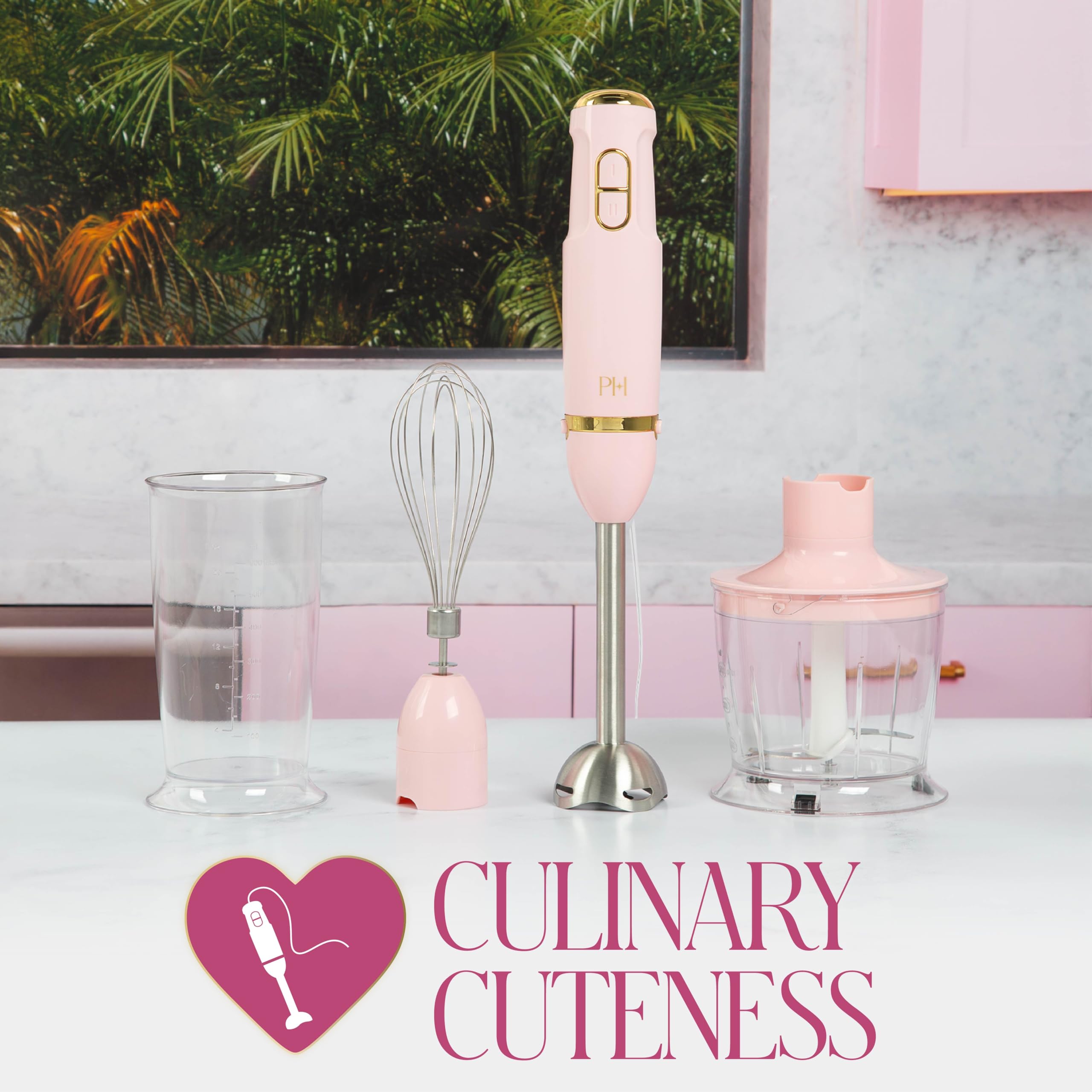 Paris Hilton Hand Blender Set, 3-in-1 Immersion Blender with Whisk, Blending & Chopper Attachments, 400W High Speed, Pink with Gold Accents – Smoothies, Soups, Sauces, Baby Food, Whipped Cream, Pink