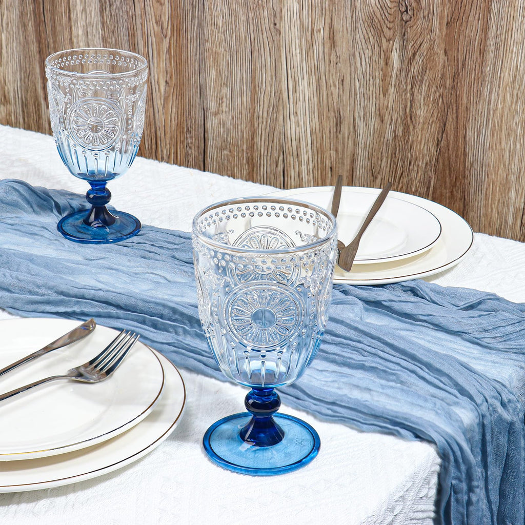 XUWAIDSGN 24Pcs Plastic Vintage Wine Glasses 13.5oz Reusable Embossed Goblet Glasses Blue Gradient Retro Wine Glassware Unbreakable Stemmed Champagne Water Cups for Wine Cocktail Juice Wedding
