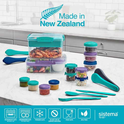 Sistema TO GO Bento Box Cubes | 1.65 L | School Lunch Boxes With Compartments & Snack Pots | BPA-Free | 2 Count | Minty Teal & Ocean Blue