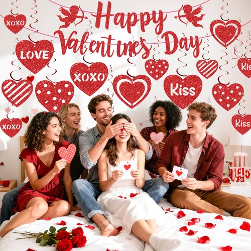 52Pcs Happy Valentines Day Decorations Valentine's Day Banner Glitter Valentine Hanging Swirls Ceiling Foil Decor Red Hearts Cutouts for Happy Valentine's Day Party Wedding Anniversary Theme Supplies