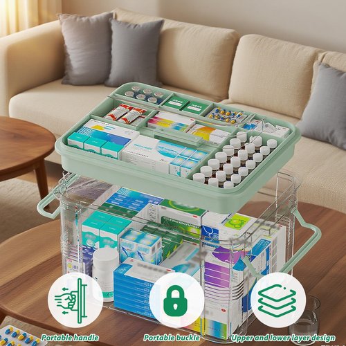NZYNZY15qt Clear Medicine Organizer Storage Box with Tray, Plastic First Aid Box Empty, Medicine Caddy with Lids Handles,Thickened Medicine Container Chest, Multipurpose Medical Case